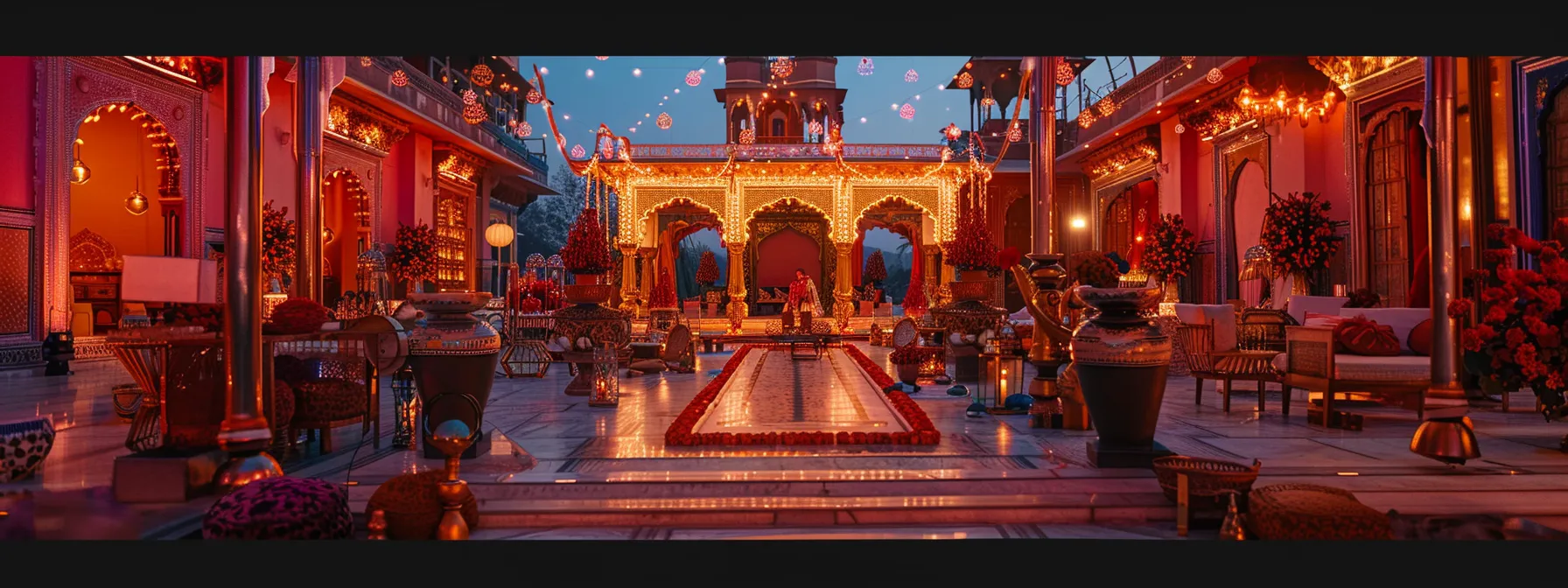 a lavish jaipur wedding setup featuring a stunning fusion of traditional rajasthani motifs and modern decor elements.