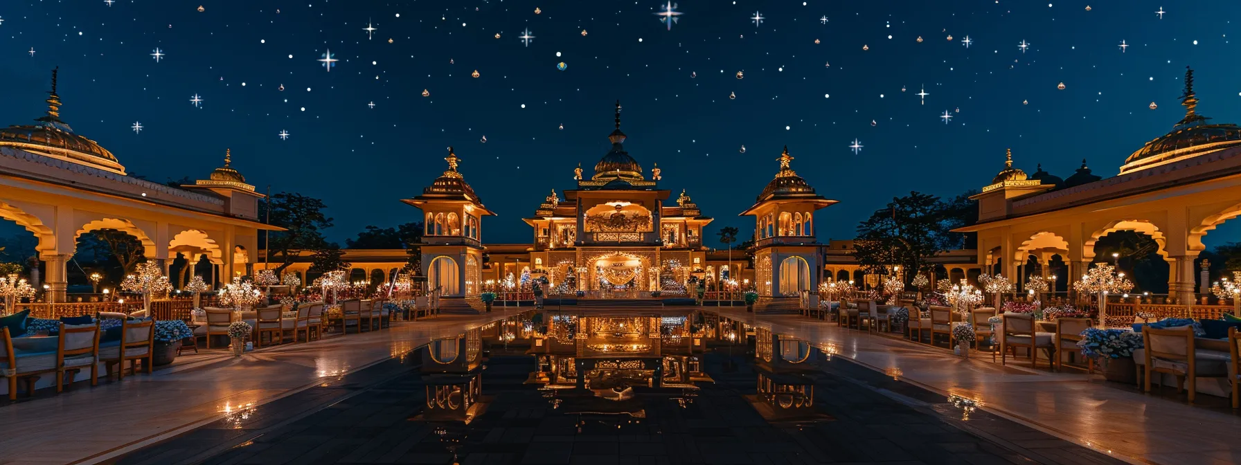 a lavish wedding setup at chunda palace in udaipur, showcasing opulent decorations, luxurious seating, and grand chandeliers under a starry night sky.