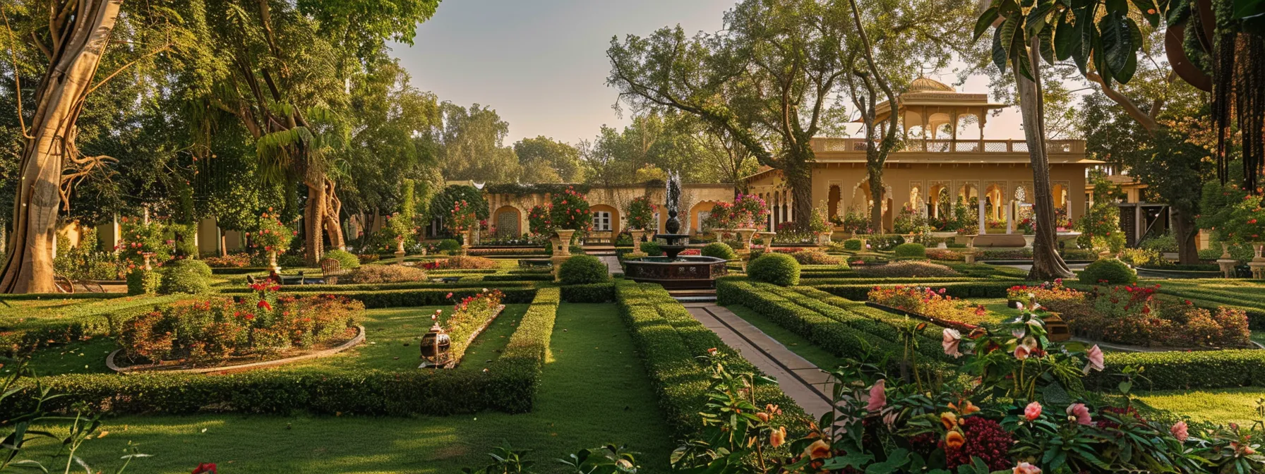 a lush garden venue in rajasthan, with vibrant exotic flora, creating a charming setting for an outdoor wedding ceremony.