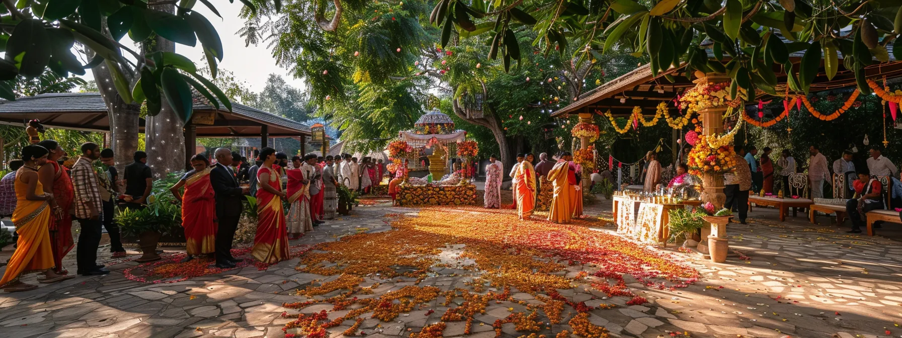 a beautiful outdoor wedding ceremony at chunda palace with colorful local decorations, happy guests, and cost-saving measures evident in the background.