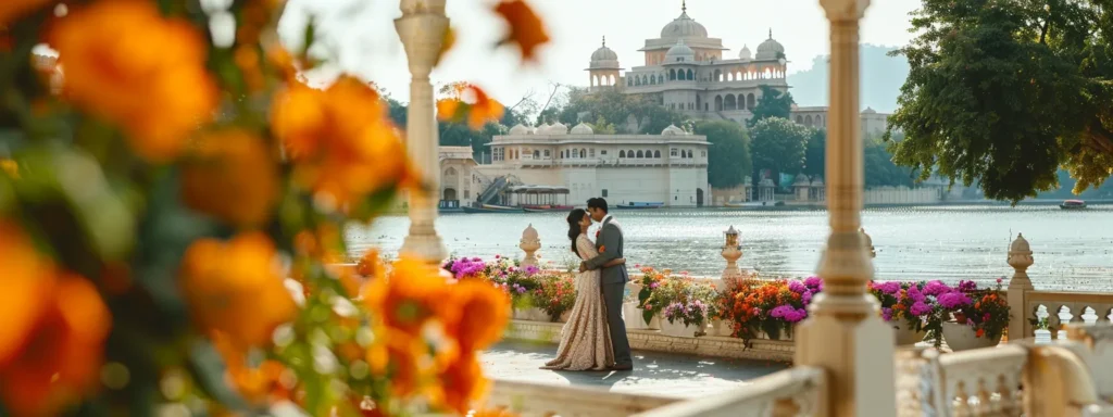 a bride and groom embracing in front of the shimmering lake pichola at city palace udaipur, surrounded by vibrant flowers and intricate courtyard architecture.