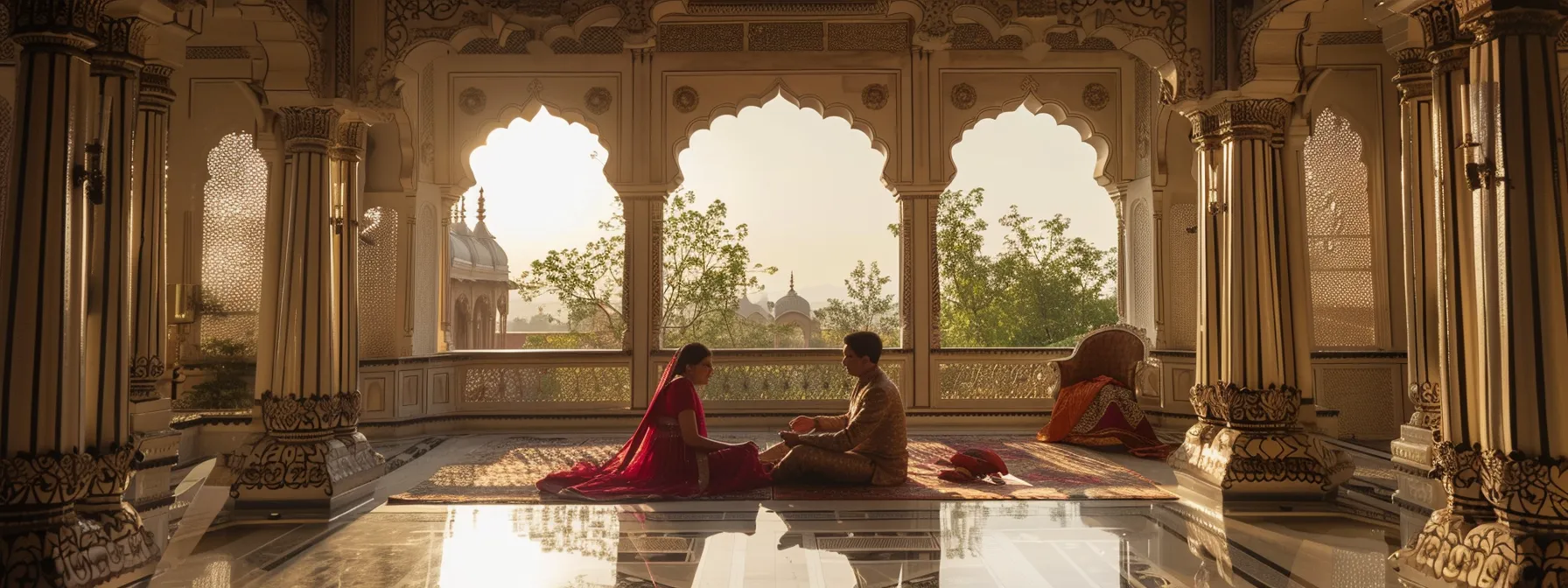 a couple in traditional rajasthani attire reviewing contracts and monitoring wedding expenses in a luxurious palace setting.