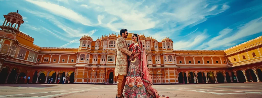 a couple joyfully posing for a photo in front of the majestic city palace in jaipur, captured by a renowned photographer.