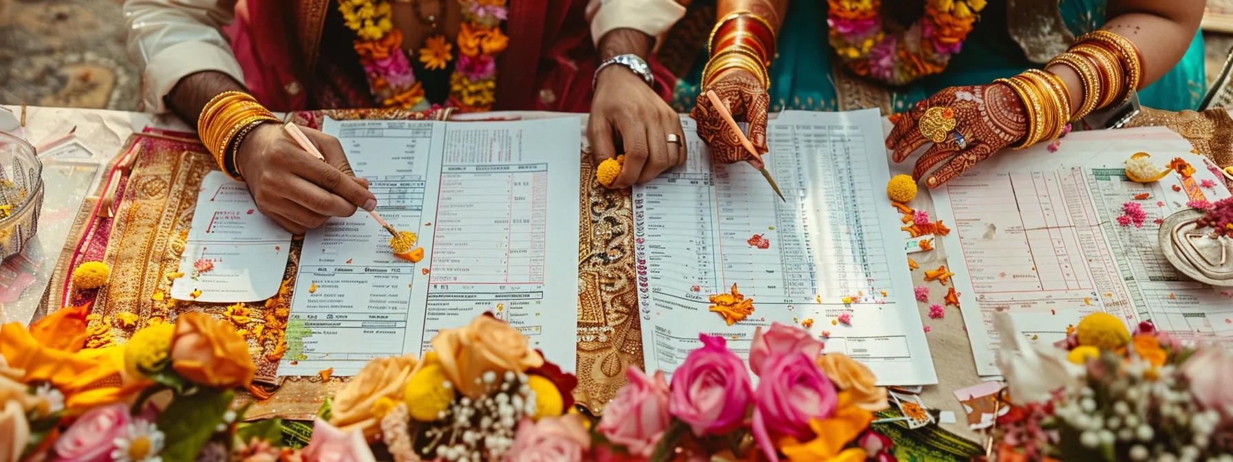 a couple sits at a table covered in wedding planning documents and spreadsheets, surrounded by colorful swatches and flower samples, as they map out their budget for a chunda palace wedding.