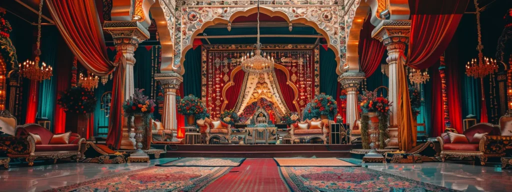 a lavish, ornate wedding set-up in rajasthan with intricate traditional decor and vibrant colors, showcasing opulence and cultural richness.