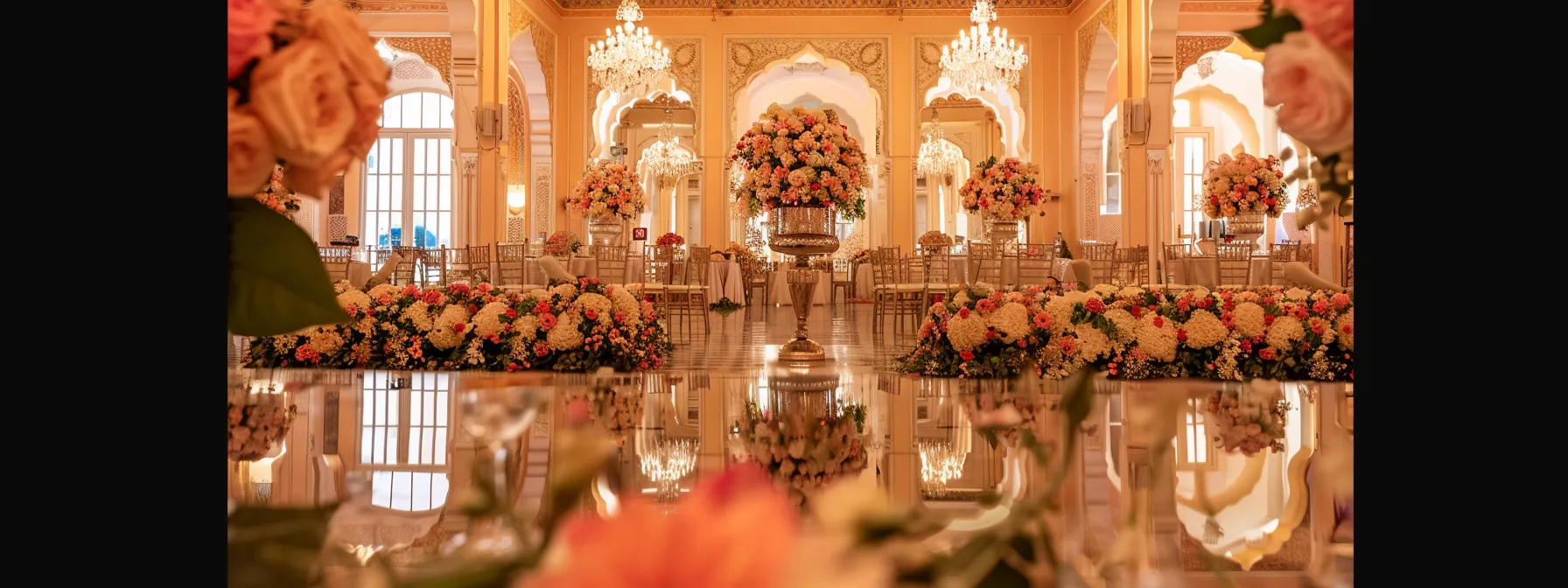 a lavish udaipur destination wedding setting at chunda palace with opulent decor, a grand banquet table, and luxurious floral arrangements.