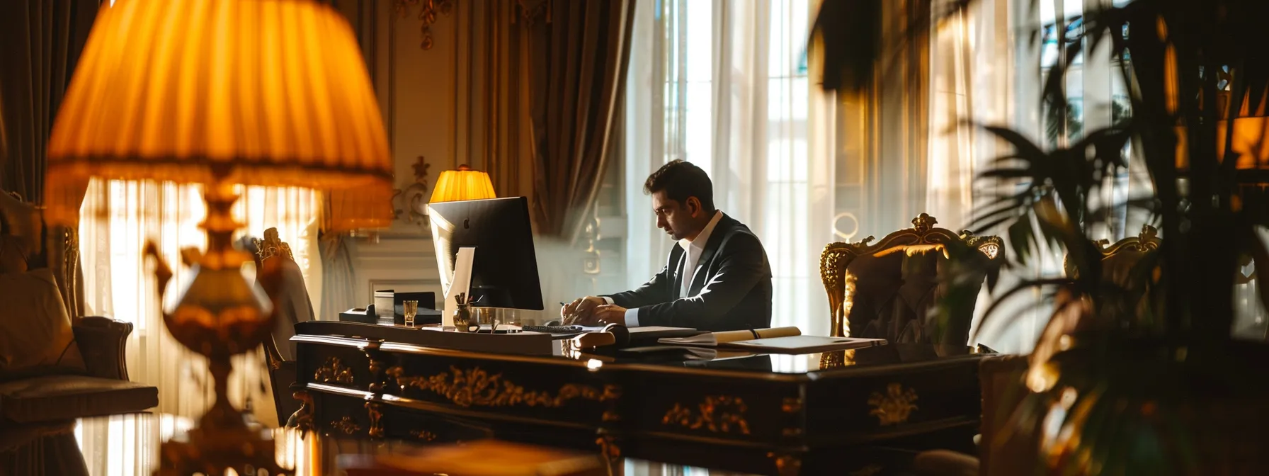 a luxury wedding planner sitting at an elegant desk, organizing booking and payment details for a lavish chunda palace wedding.