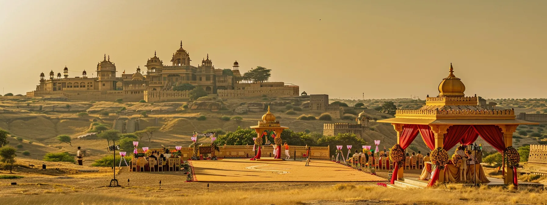 a magical wedding ceremony set amidst the golden desert landscape of rajasthan, with the luxurious suryagarh palace in jaisalmer as a stunning backdrop.