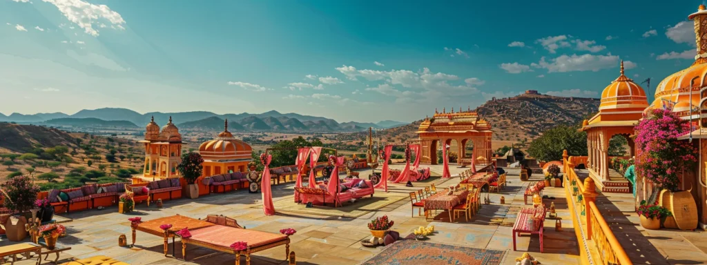 a picturesque outdoor wedding setup in jaipur with vibrant colors, intricate decorations, and a stunning backdrop of the pushkar landscape.