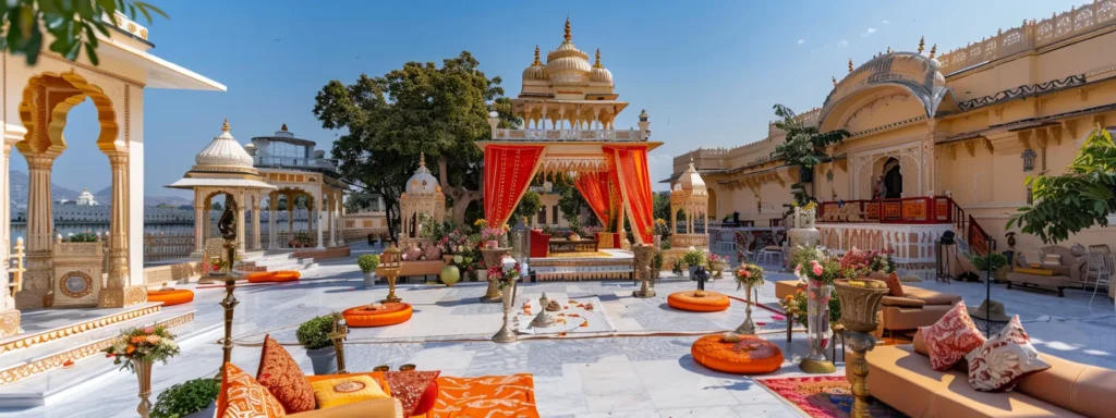 a royal wedding setup at city palace udaipur, with opulent decor, intricate mehndi designs, and a picturesque backdrop of rajasthan's beauty.