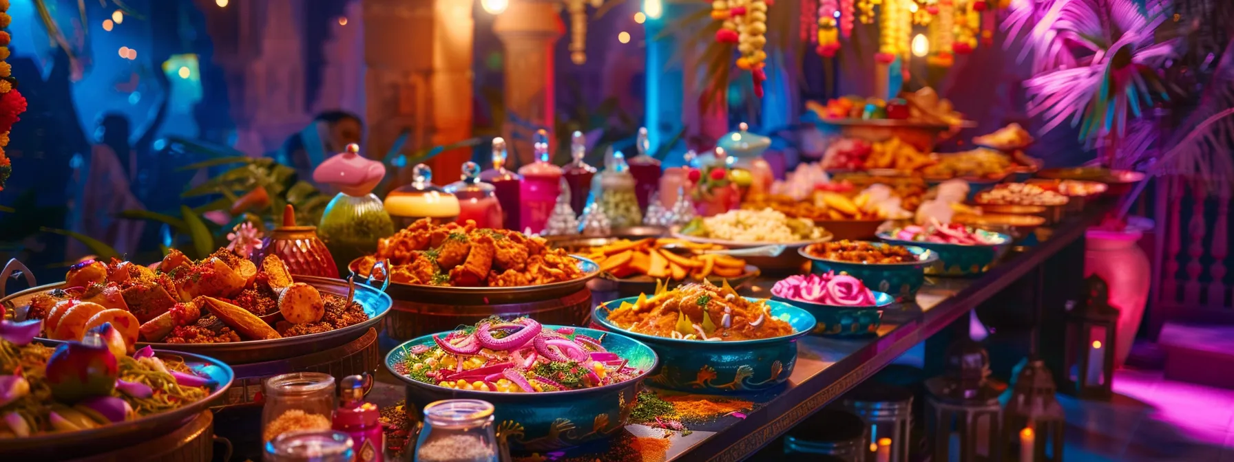 a vibrant wedding buffet showcasing a colorful array of rajasthani dishes, complete with live cooking stations and traditional decor.