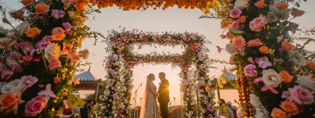 an elegant bride and groom exchanging vows under a stunning floral arch created by the best wedding planner in jaipur.