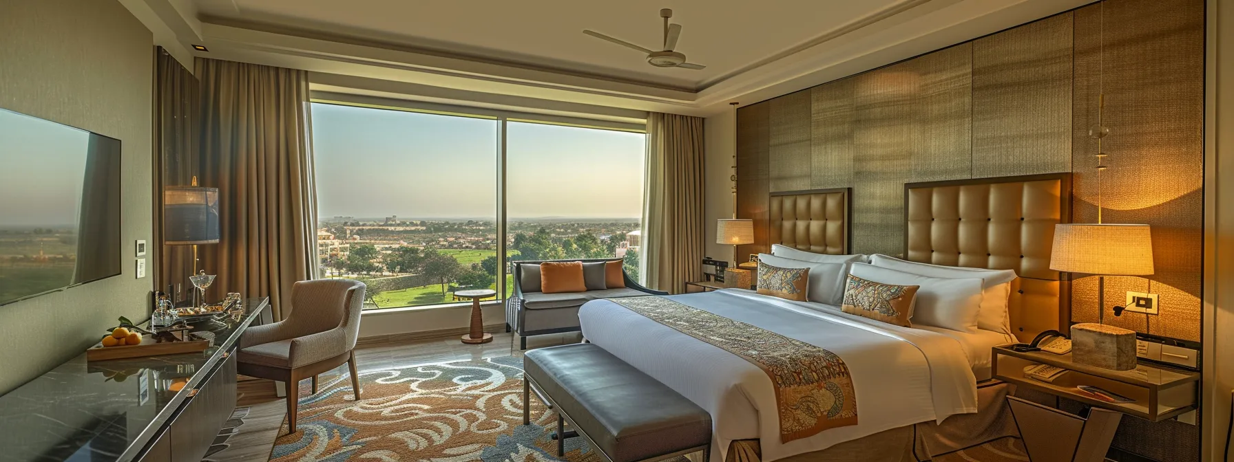 an elegant suite in a luxurious rajasthan hotel, complete with opulent furnishings and stunning views, awaits wedding guests, ensuring an unforgettable stay.