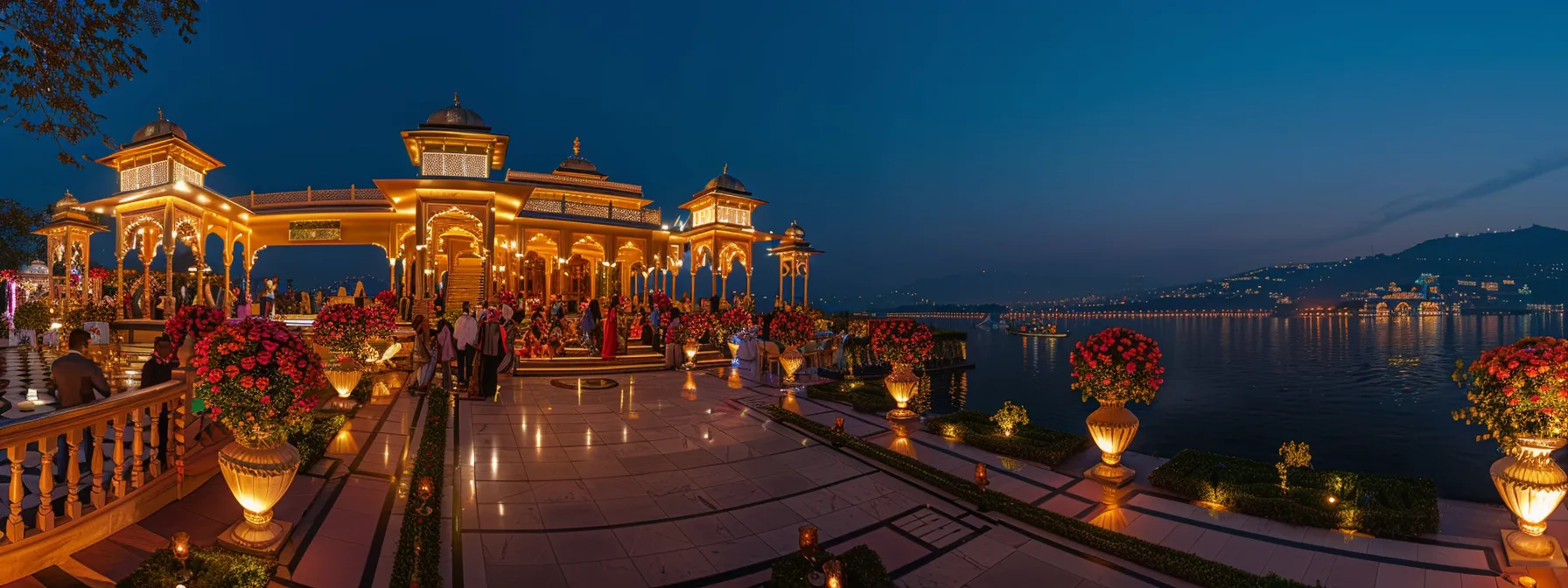 an opulent wedding reception set against the tranquil backdrop of fateh sagar lake, adorned with luxurious decorations and vibrant cultural details.