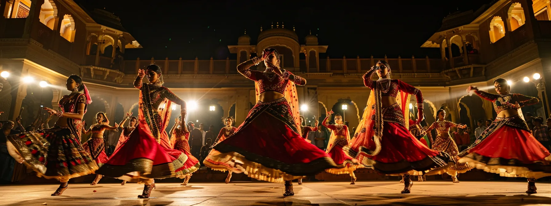 capture a vibrant traditional music and dance performance against the backdrop of jaipur's iconic landmarks.