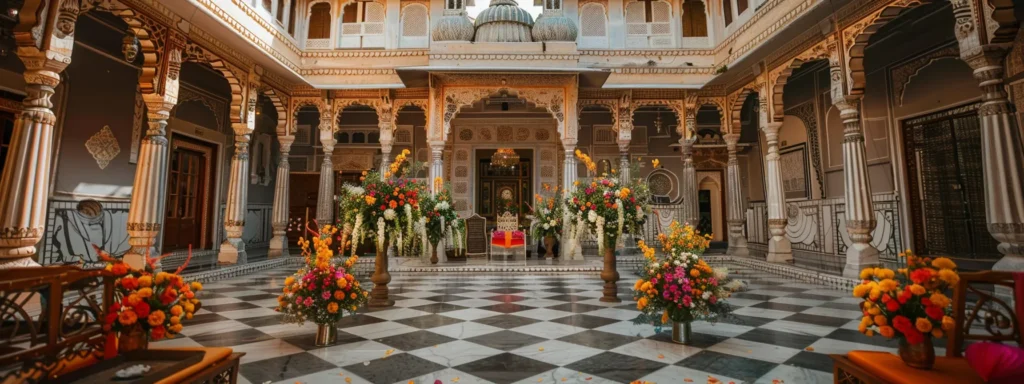 elegant floral arrangements and ornate decorations transform the city palace udaipur courtyard into a magical setting for a grand wedding celebration.