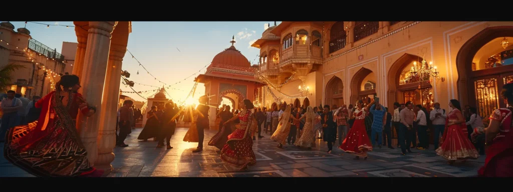 vibrant rajasthani dancers performing at city palace udaipur to entertain wedding guests.