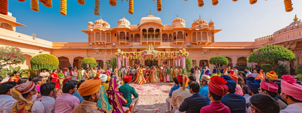 vibrant traditional rajasthani wedding ceremony with colorful turbans and saris in a grand courtyard.